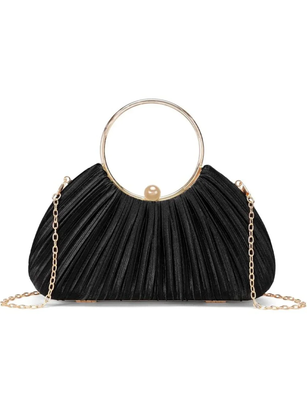 👜 Women's Black Satin Pleated Top Handle Clutch Handbag Elegant Evening Clutch